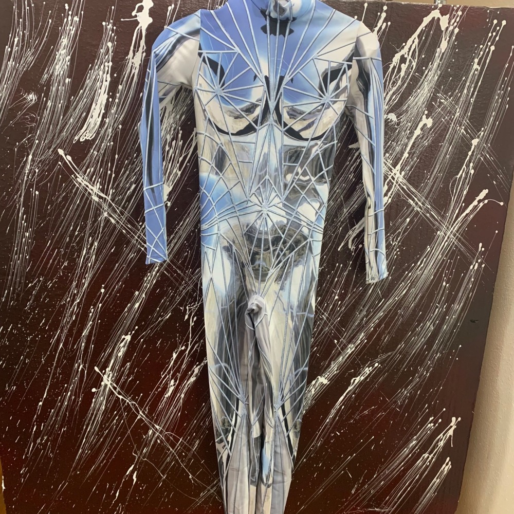 Badinka Cyber Ice Bodysuit Blue Silver Geometric Rave Catsuit XS Long Sleeve